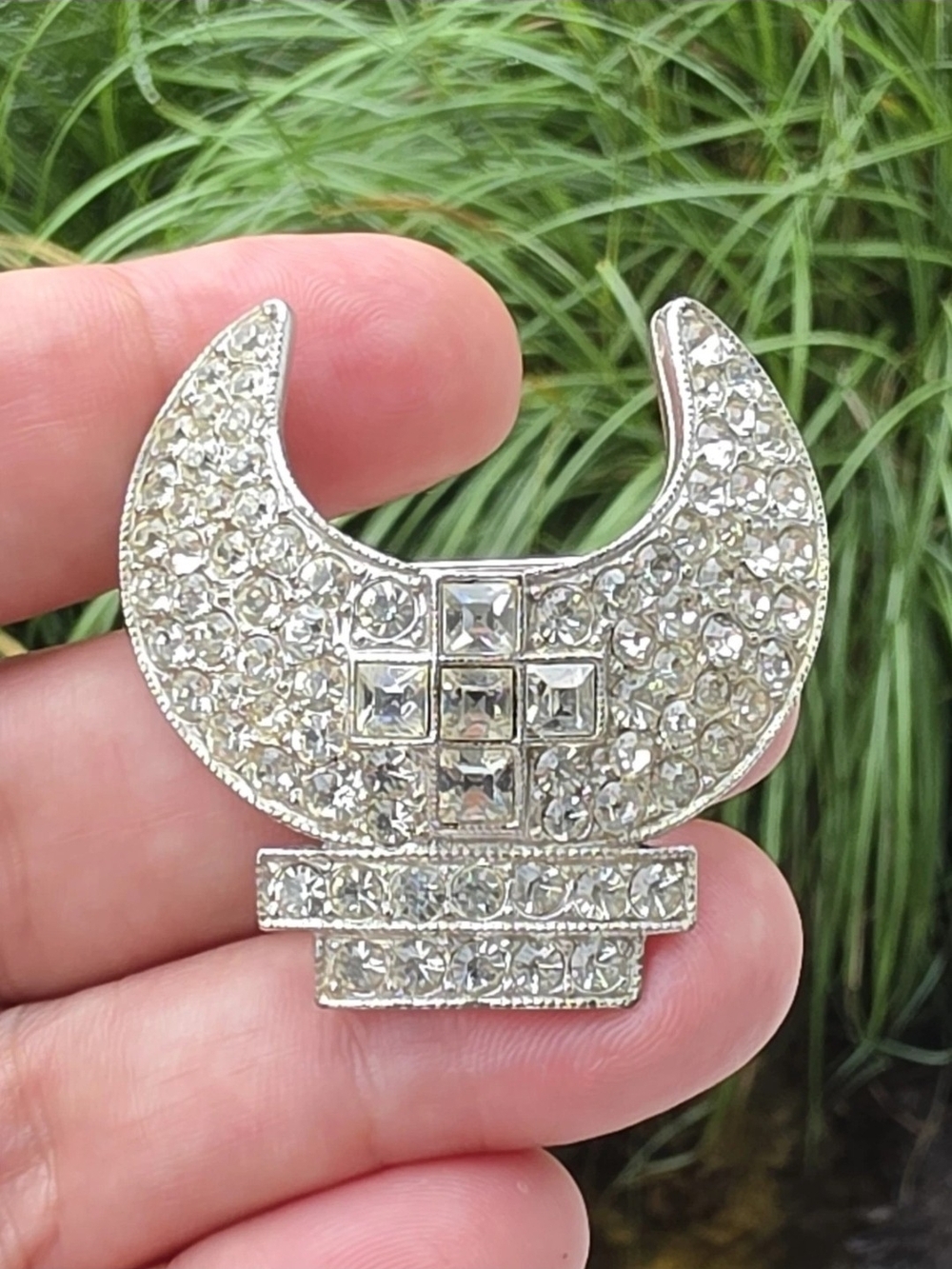 Vintage Signed ORA Masonic Shriners Crescent Rhinestone Pave Brooch Silver Tone